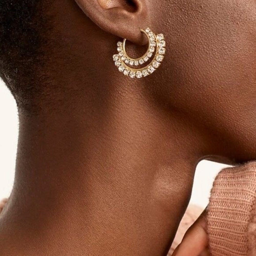 J.Crew Double Layer Crystal Hoop Earrings Gold Rhinestone Statement NWT